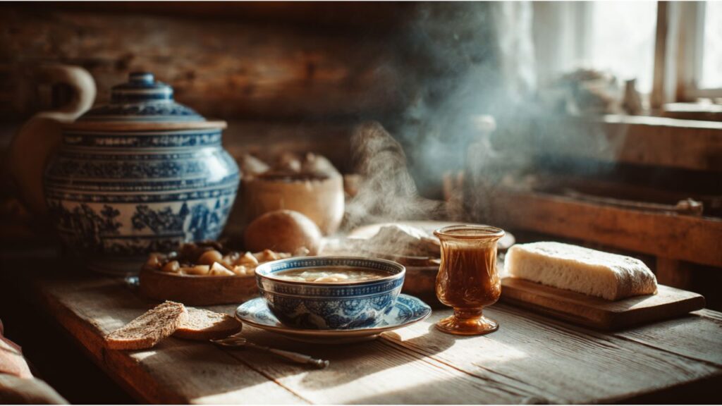 温かなスープとパンが並ぶロシアの食卓風景